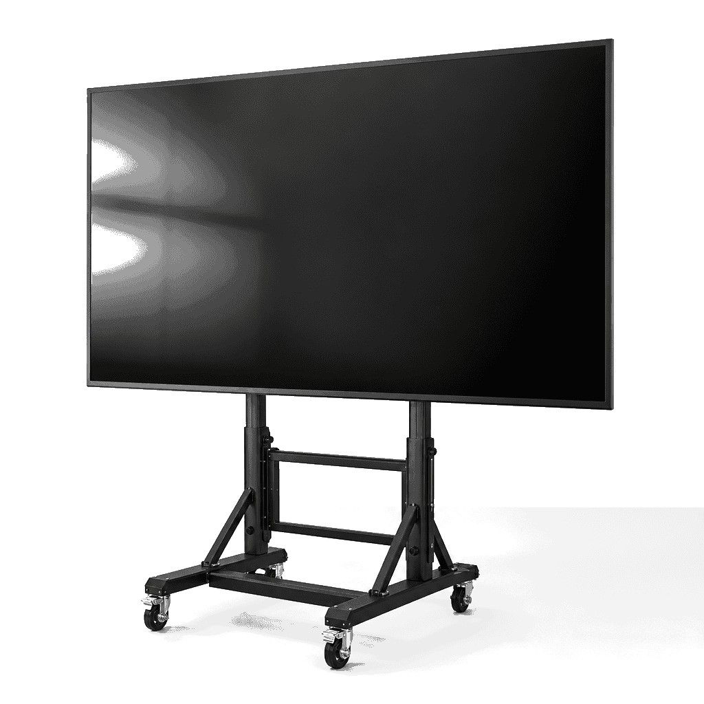 100 inch 4K QLED TV huren met verrijdbare standaard op witte achtergrond