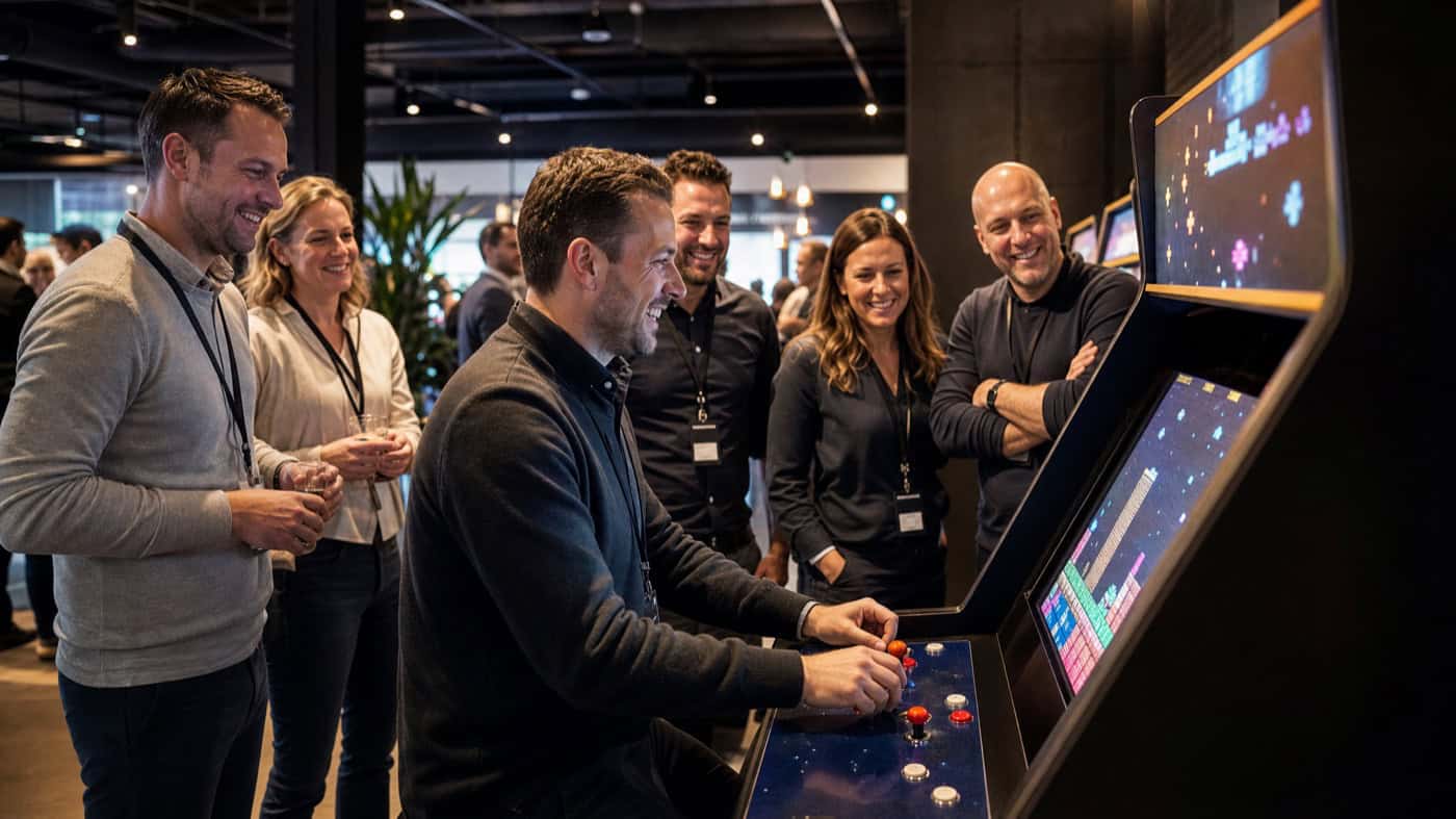 Collega’s spelen op een arcade kast tijdens een bedrijfsfeest