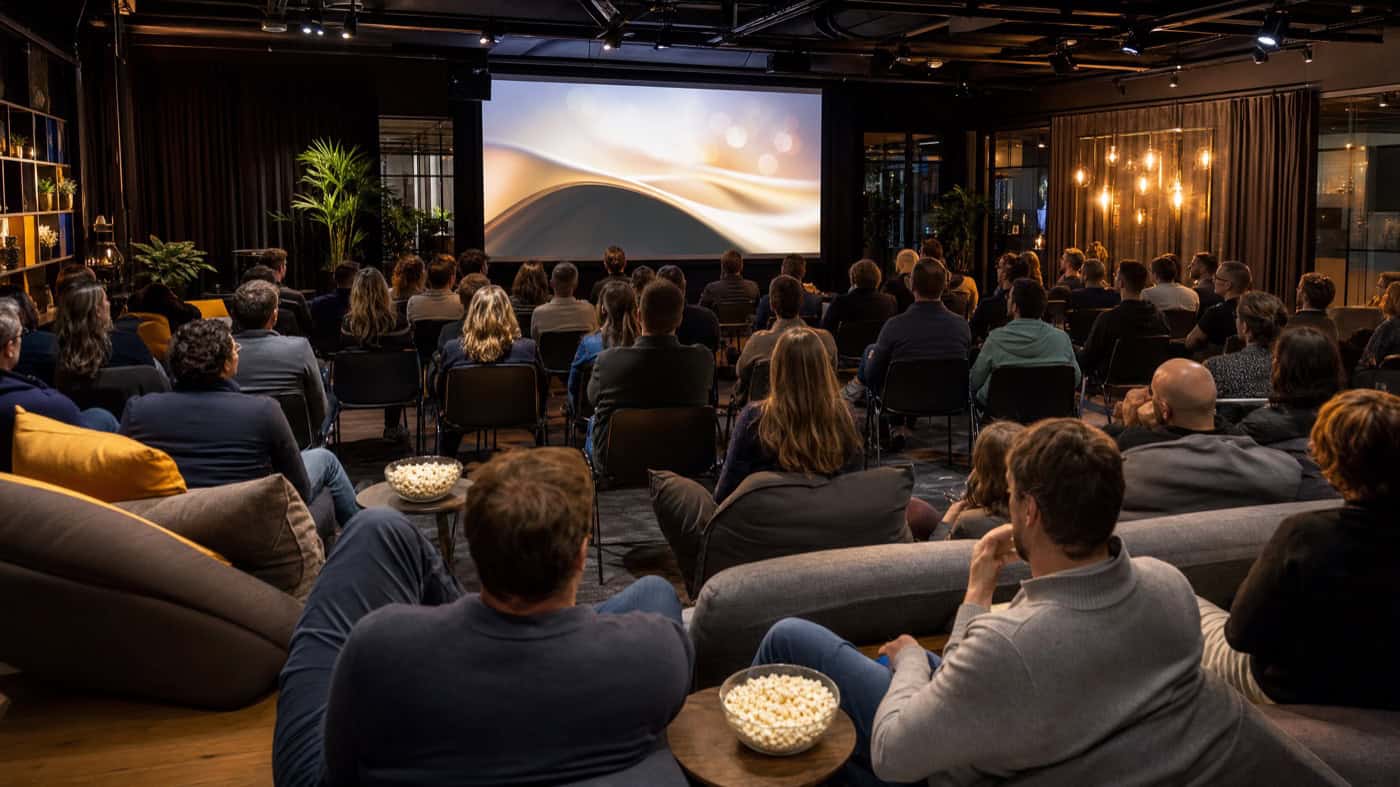 Pop-up bioscoopopstelling voor een bedrijfsfeest of personeelsavond