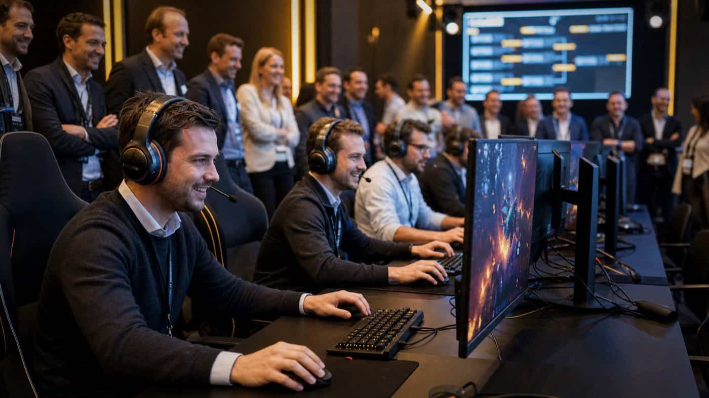 Collega’s doen mee aan een esports toernooi op een bedrijfsevent