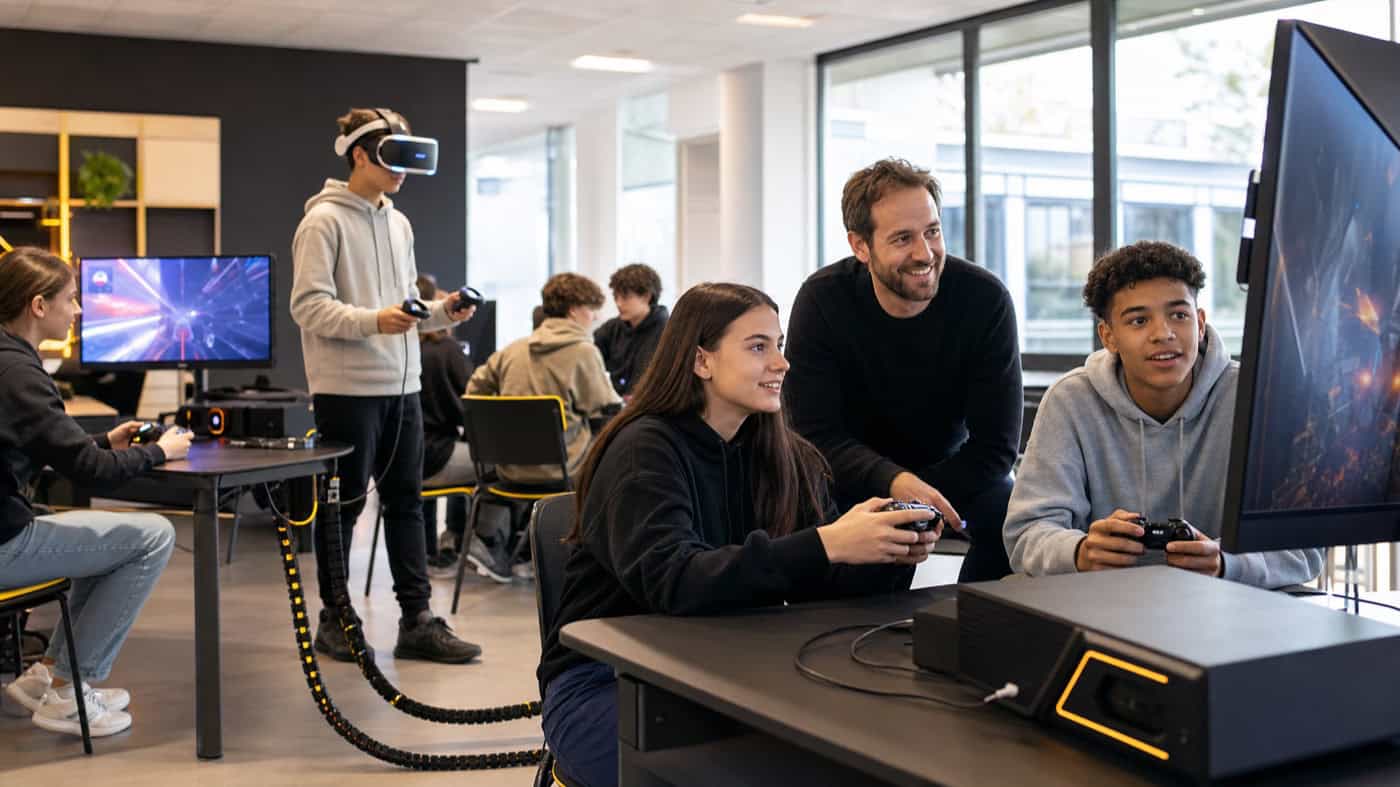 Leerlingen doen mee aan een begeleide gaming activiteit op school
