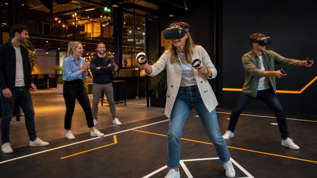 Collega's beleven een VR Arena activiteit tijdens een bedrijfsuitje