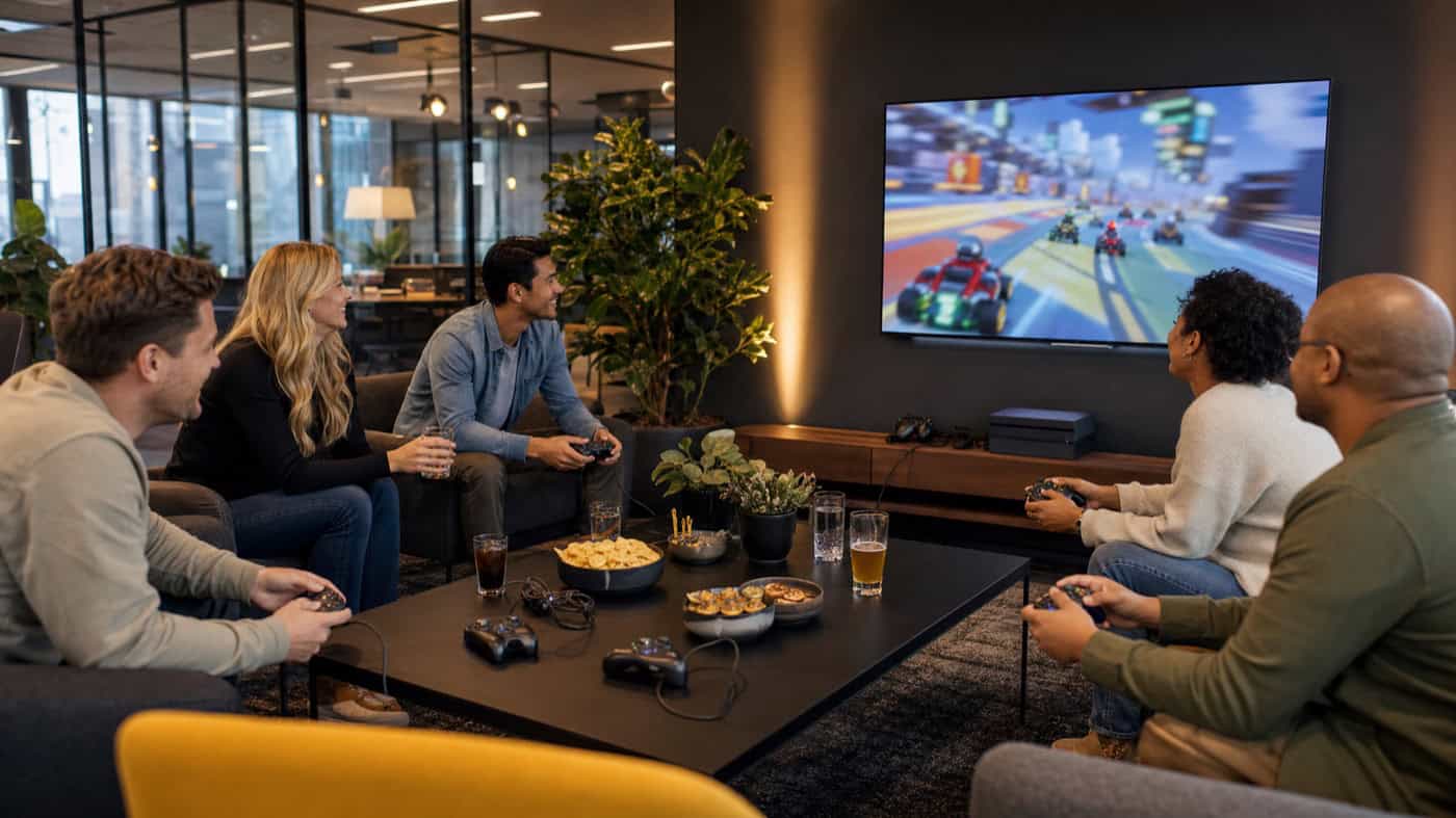 Collega’s spelen een kart-racegame tijdens een vrijdagmiddagborrel op kantoor