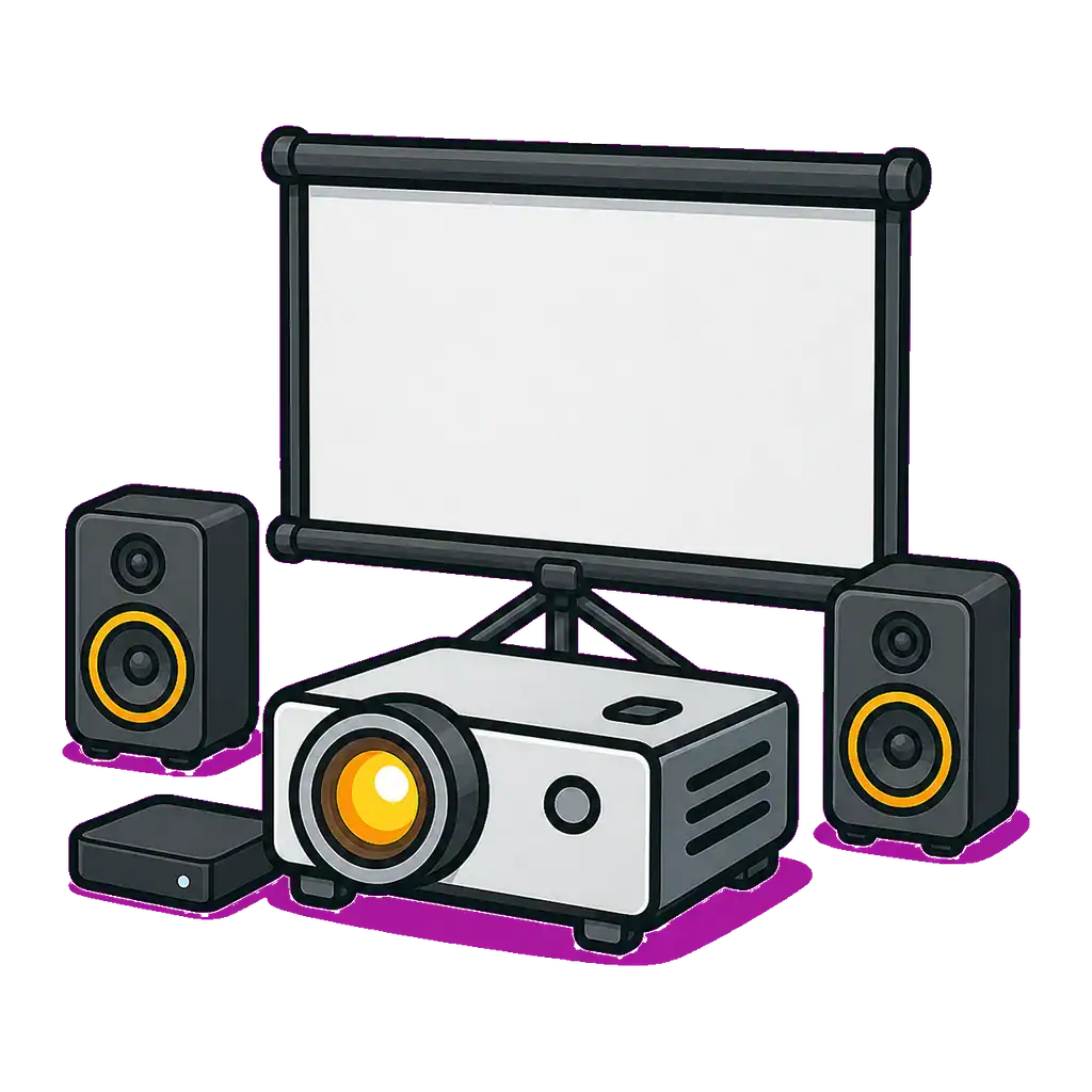 Cartoon icoon van pop-up bioscoop huren met beamer en scherm bij Rebelz Gaming